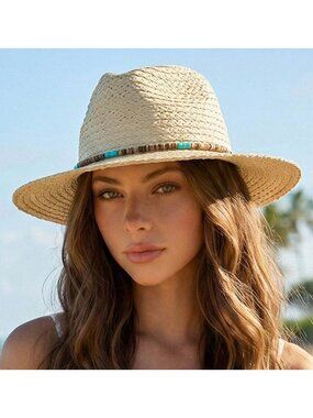 Tigerstars Beige Beaded Band Woven Sun Hat